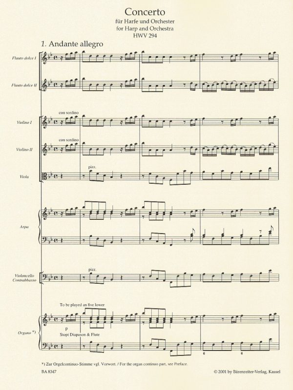 Konzert in B-Dur Fur Harfe Und Orchester Barenreiter (Concerto In B-Flat Major For Harp And Orchestra) Handel G.F.