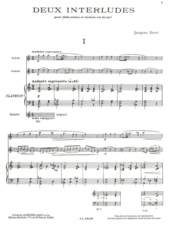 Deux Interludes (Flute Violin and Harp) Ibert J.