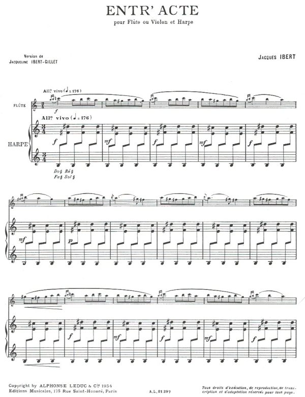 Entr'acte (Flute or Violin and Harp) Ibert J.