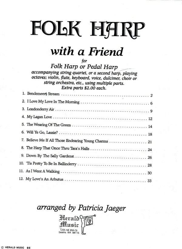 Folk Harp With A Friend (Harp 1 or 2, Violins, Viola, Cello/Bass or Voices) Jaeger P.