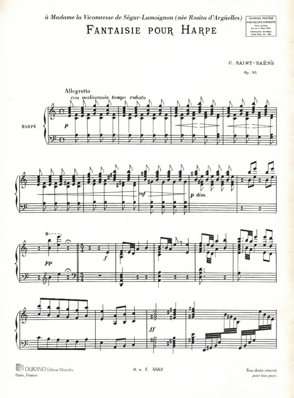 Fantaisie Opus 95 Pour Harpe Saint Saens C.