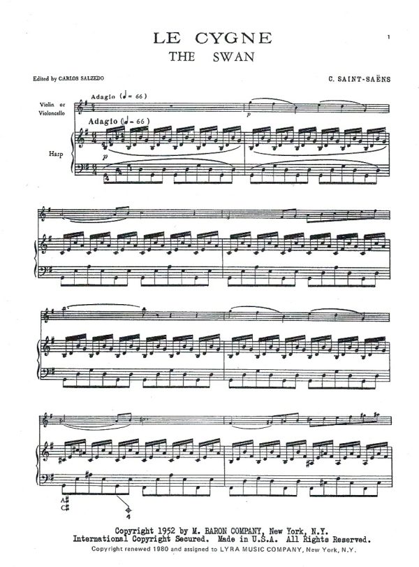Le Cygne The Swan (Cello or Violin & Harp) Saint Saens C.