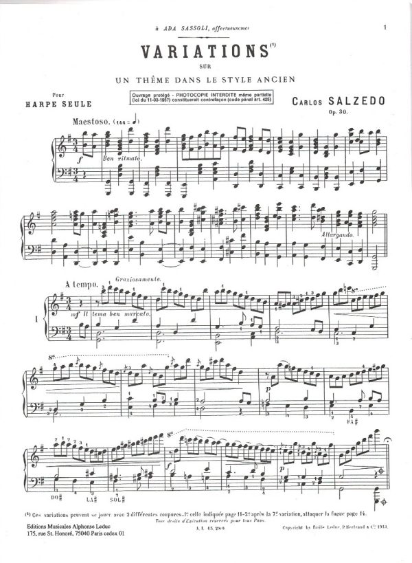 Trois Morceaux Pour Harpe Seule No 3 Variations Sur Un Theme Dans Le Style Ancien Salzedo C.