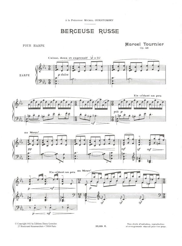 Berceuse Russe Op 40 Pour Harpe Tournier M.