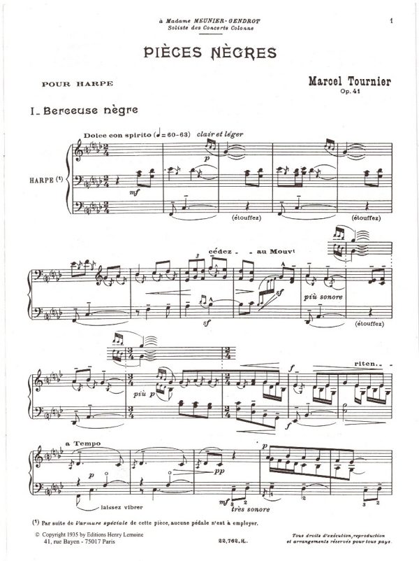 Pieces Negres Op 41 Pour Harpe Tournier M.