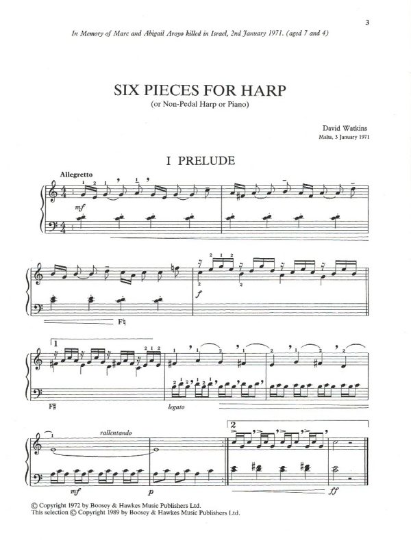Six Pieces For Harp Watkins D.